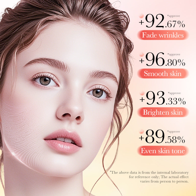 Model face beside collagen niacinamide jelly cream with efficacy percentages