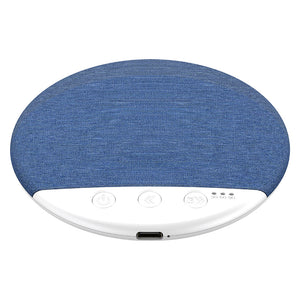 Light blue bedside sleep speaker seen from above with timer buttons on the edge