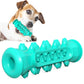 Lake blue rubber dog chew toy shown in full with its ring end and textured sides beside a dog