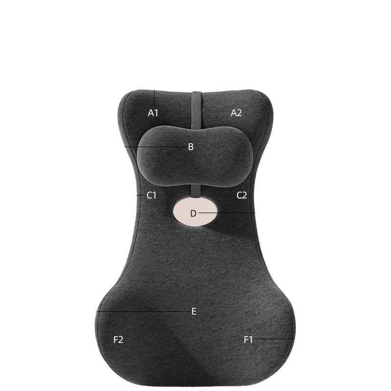 Grey memory foam back cushion with attached neck pillow and labelled sections