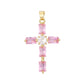 Cross pendant set with red cubic zirconia stones, close up on the paved arms