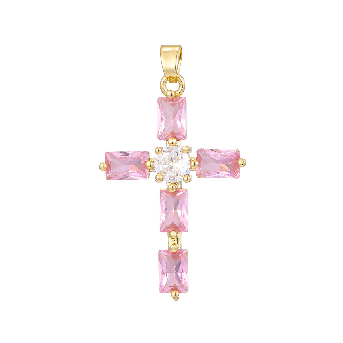 Cross pendant set with red cubic zirconia stones, close up on the paved arms