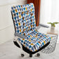 Blue and mustard geometric triangle flannel cushion on a white office chair