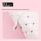 Close view of the stainless steel snap button strap on the studded white PU leather brush holder lid