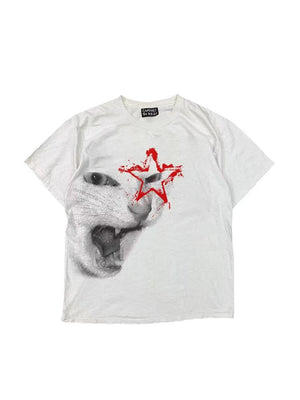 White oversize short sleeve tee with a snarling cat halftone print and a red star on a white background