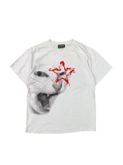 White oversize short sleeve tee with a snarling cat halftone print and a red star on a white background