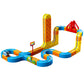 Assembled magnetic track set with a bridge piece and one white electric railcar on a plain background