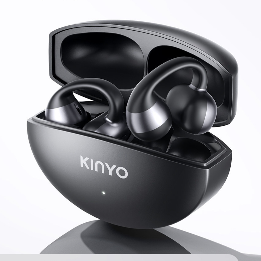 Titanium black open ear clip earphones in their open charging case with a KINYO logo