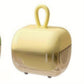 Yellow silicone lint remover cube on white, soft hanging loop on top and tinted lower housing