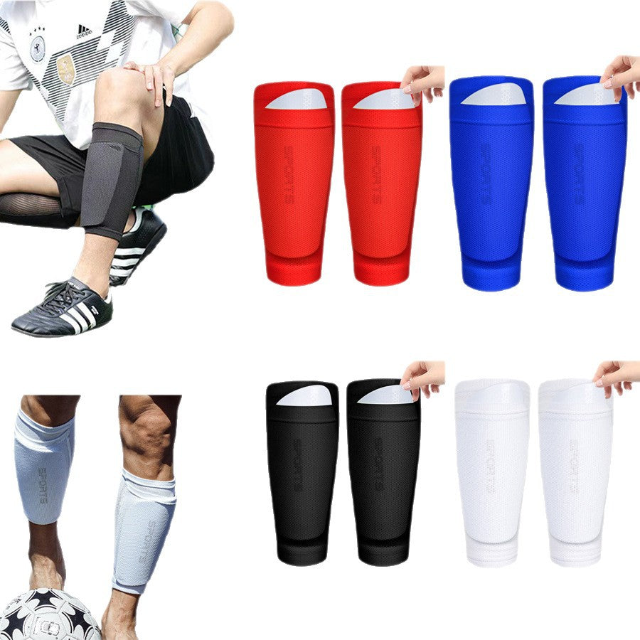 Soccer shin guard sleeves in red, blue, black and white with players wearing them in training