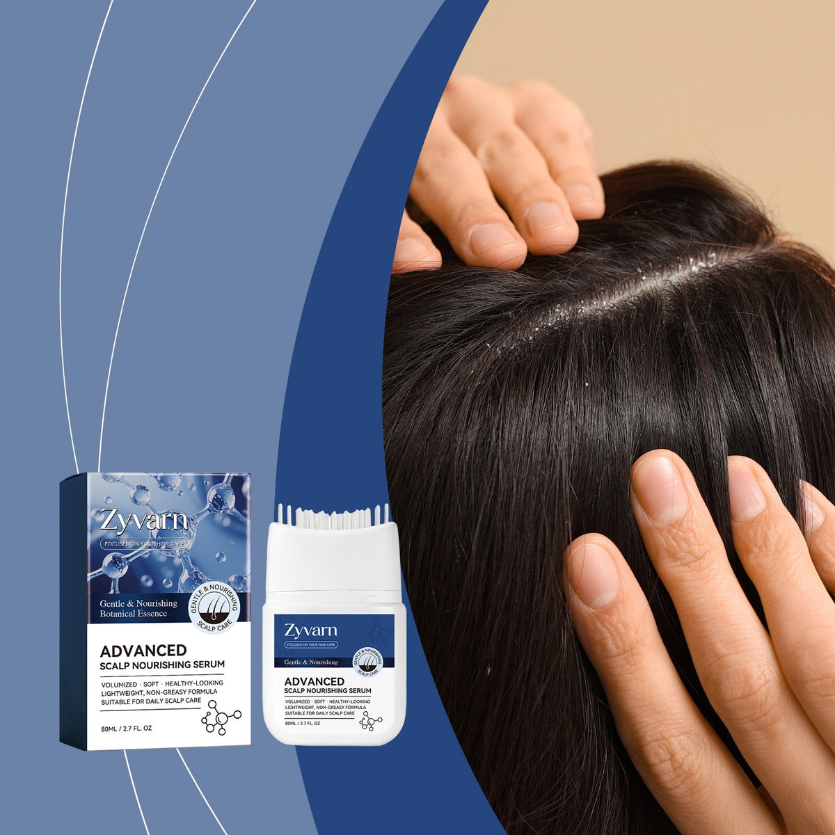 Close up of the comb applicator top on the Zyvarn scalp serum bottle