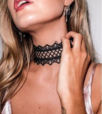 Gothic style vintage lace choker necklace shown close at the neck