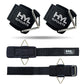 Two black padded wrist straps with HYL SPORTS labels and metal triangle rings, above a flat strap with slide buckle