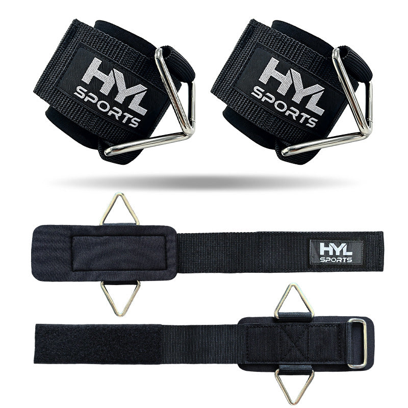 Two black padded wrist straps with HYL SPORTS labels and metal triangle rings, above a flat strap with slide buckle