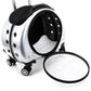 Silver capsule pet carrier with its round door off, showing the vent holes, mesh top panel and wheels