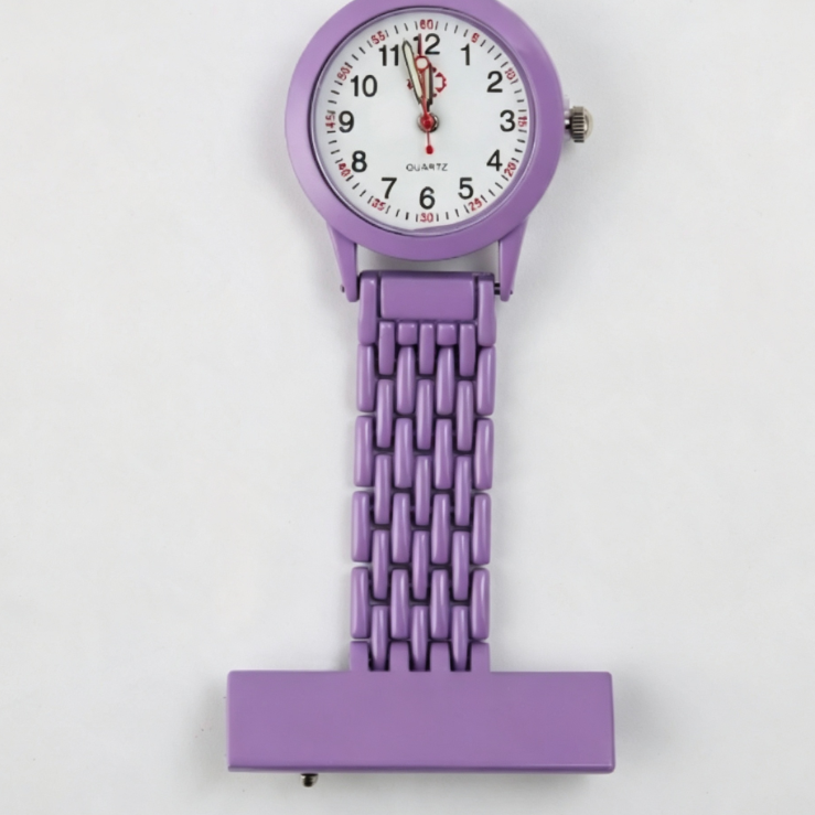 Nurse fob watch shown with the white dial and coloured case on a plain background
