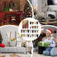 Advent calendar box and its dog ornaments shown on a mantel, in a living room and in the hands of a couple with Santa hats