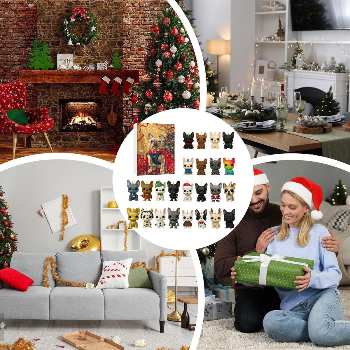 Advent calendar box and its dog ornaments shown on a mantel, in a living room and in the hands of a couple with Santa hats
