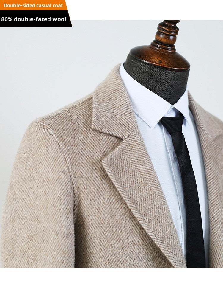 Herringbone wool overcoat styled with trousers in a neutral outfit