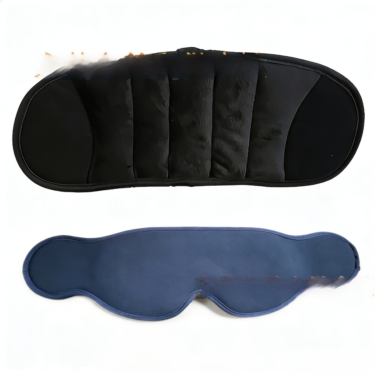 Black padded pillow above a navy blue 3D eye mask on a white background, Eye Mask 3D Blue Pillow New option