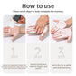 Three step guide showing liquid chalk squeezed into a palm, kneaded across the hands, then dried