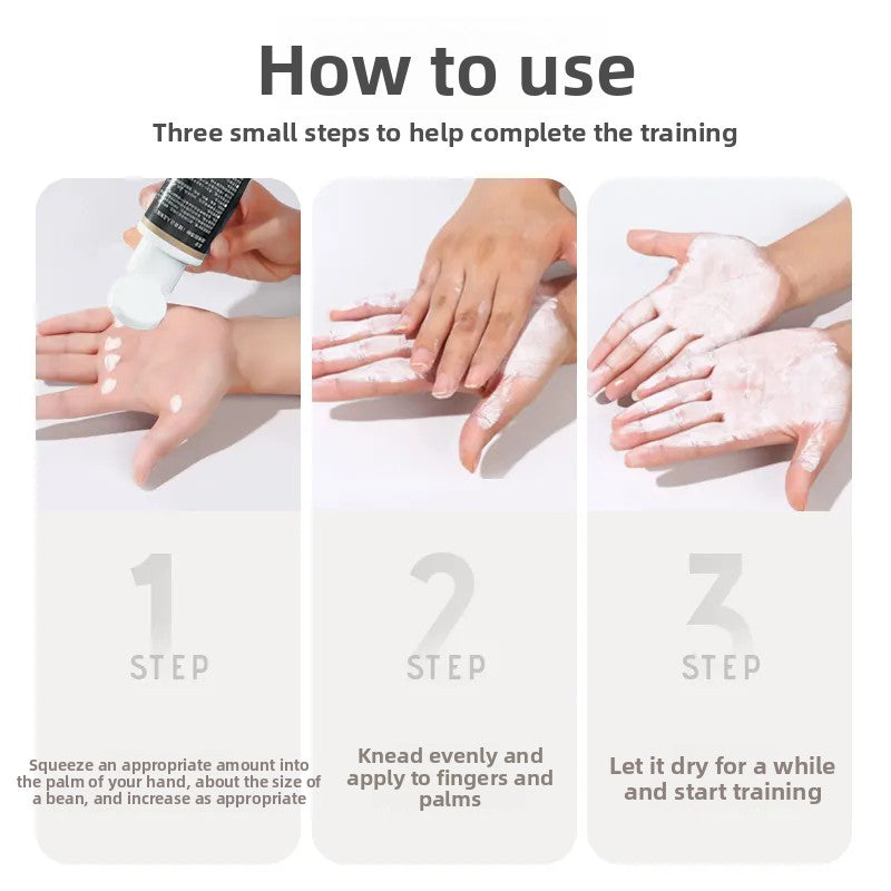 Three step guide showing liquid chalk squeezed into a palm, kneaded across the hands, then dried