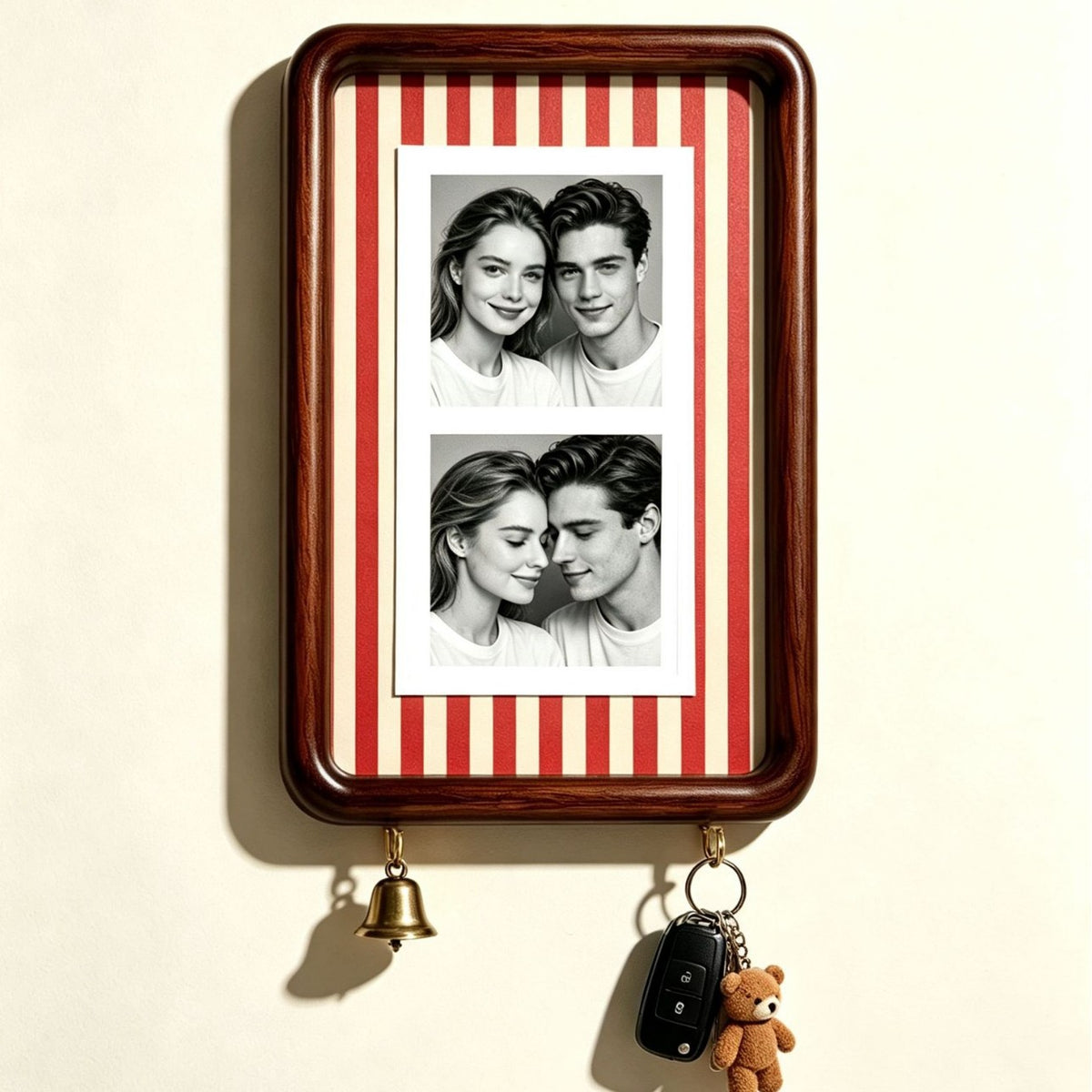 Option 8inch Hook Style 2: dark wood wall photo frame with red and cream striped backing and two key hooks