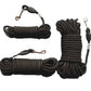 Three black round nylon dog training long lines coiled with metal swivel snap clips