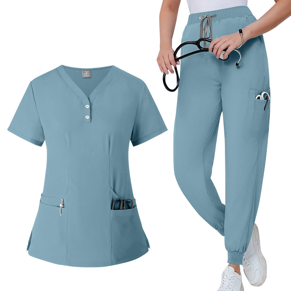 Scrub top side pocket opening shown empty on a plain background