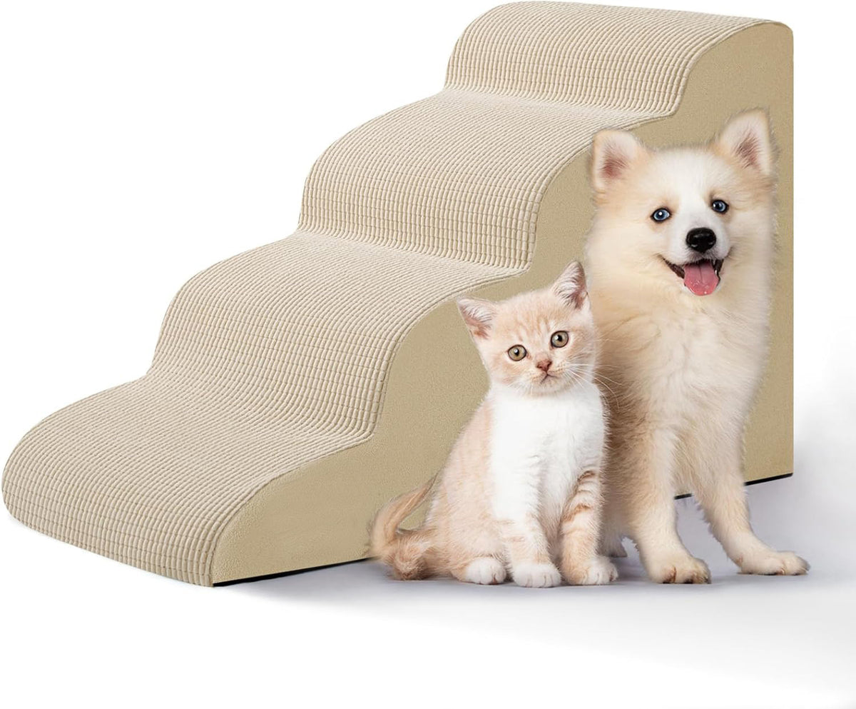 Foam pet stairs with a ribbed non slip fabric cover, tiered steps for cats and small dogs to reach a bed