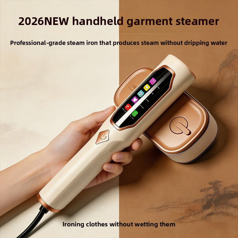 Cream and copper handheld garment steamer held in a hand on a brown paper background