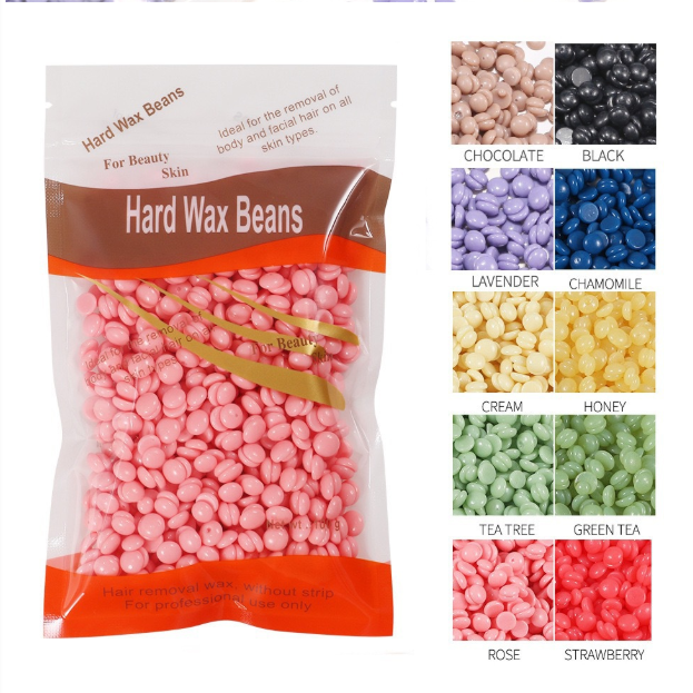 Scent chart showing rose and strawberry hard wax bead colours beside the pouch