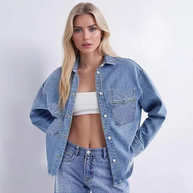 Womens Relaxed Washed Denim Shirt with Side Slits