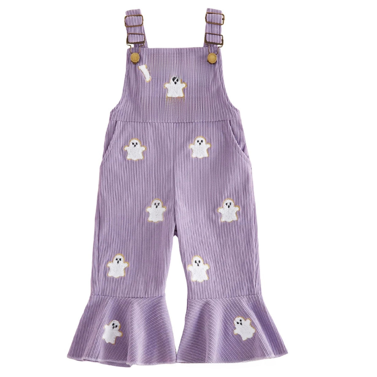 Lavender Purple ribbed flared overalls with white embroidered ghosts and a ruffled hem, front view