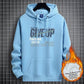 Sky Blue fleece-lined hooded sweatshirt with a NEVER GIVE UP graphic and front pocket, size 2XL option