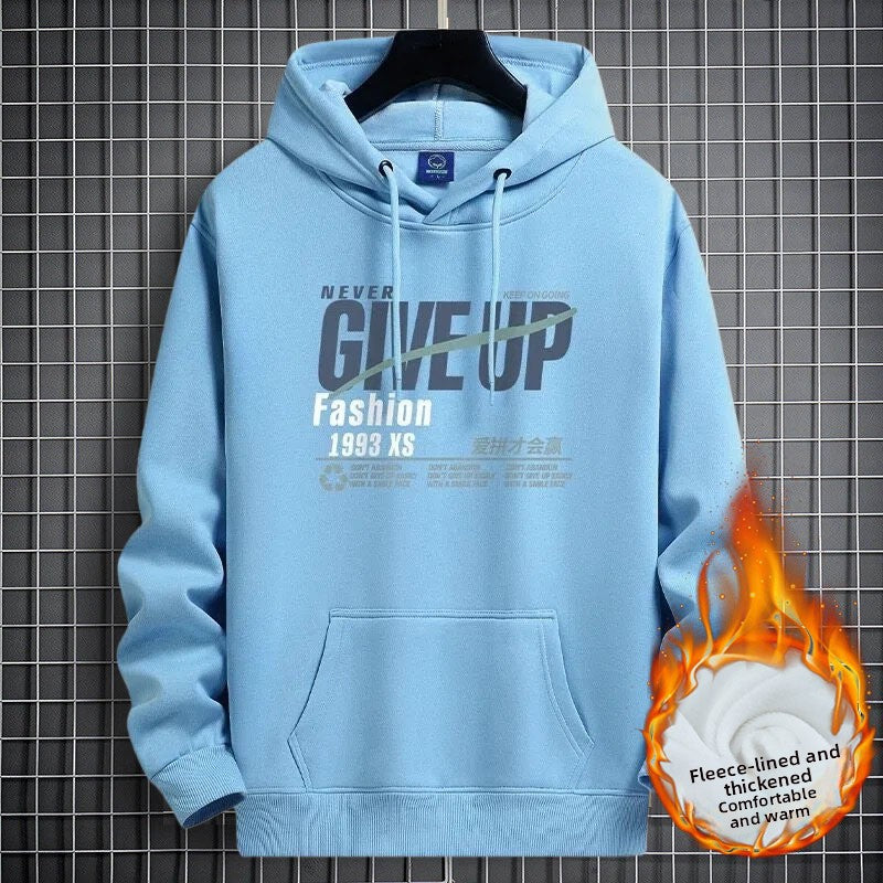 Sky Blue fleece-lined hooded sweatshirt with a NEVER GIVE UP graphic and front pocket, size 2XL option