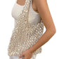 Ivory beaded crochet net shoulder bag front view showing the open pearl weave