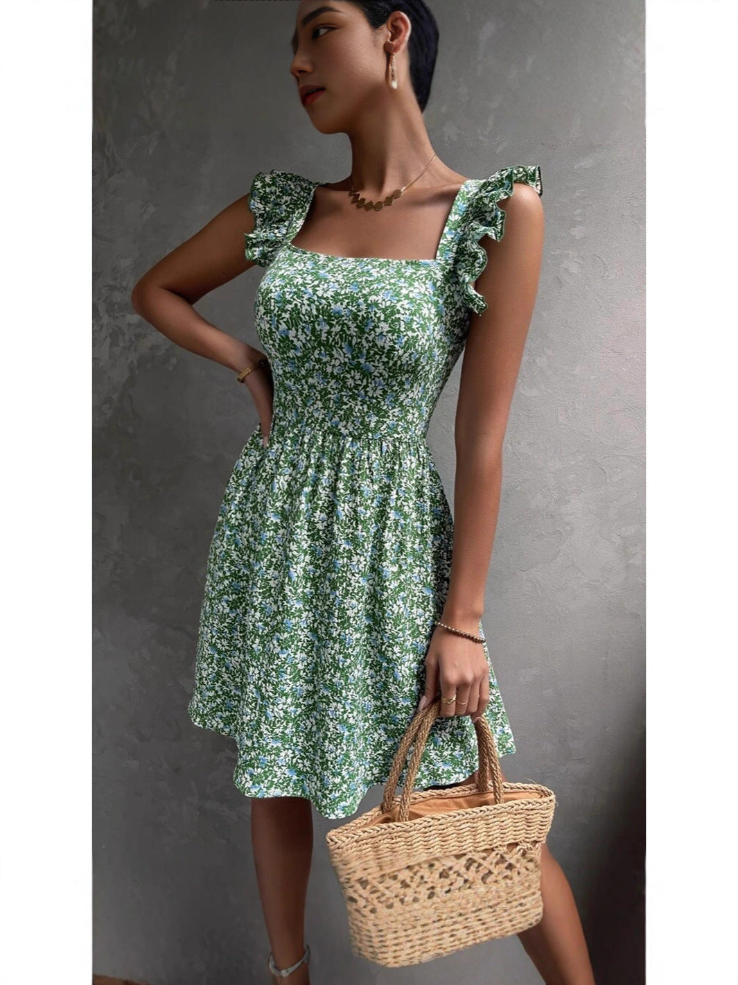 Floral square neck ruffle strap tie back mini dress shown flat, full length