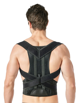 Black back belt with crossing shoulder straps and waist band seen from behind