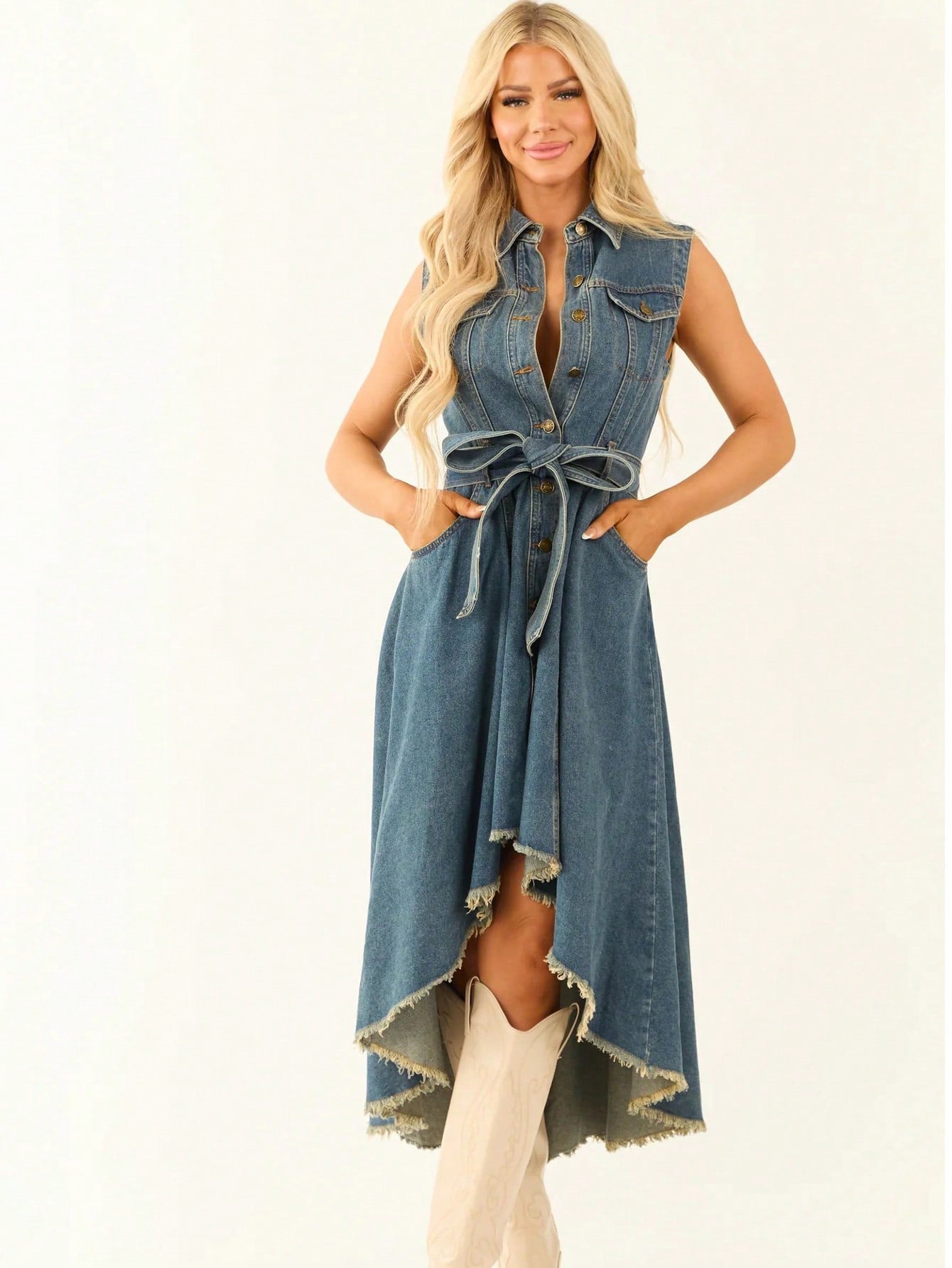Sleeveless Denim Dress with Adjustable Waist for Casual Day, Trip, Relaxed Outing with Easy Styling | angled lifestyle sty...