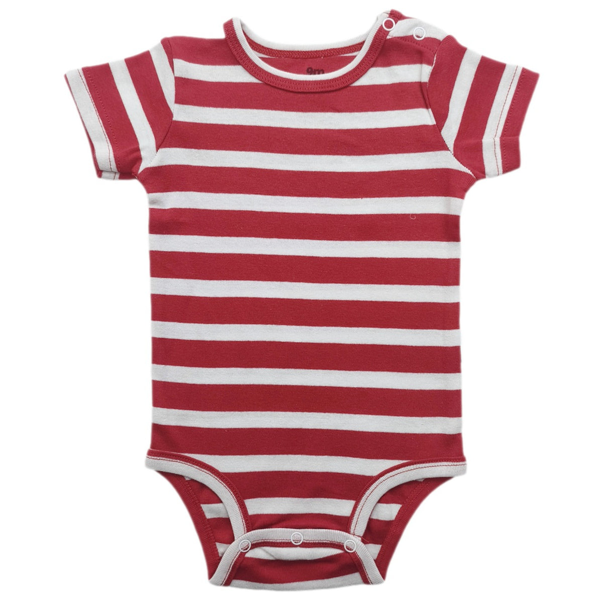 Baby short sleeve cotton bodysuit with a three snap crotch closure shown flat on a plain background