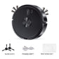 Black robotic floor sweeper top view with sweep and power buttons and side brushes