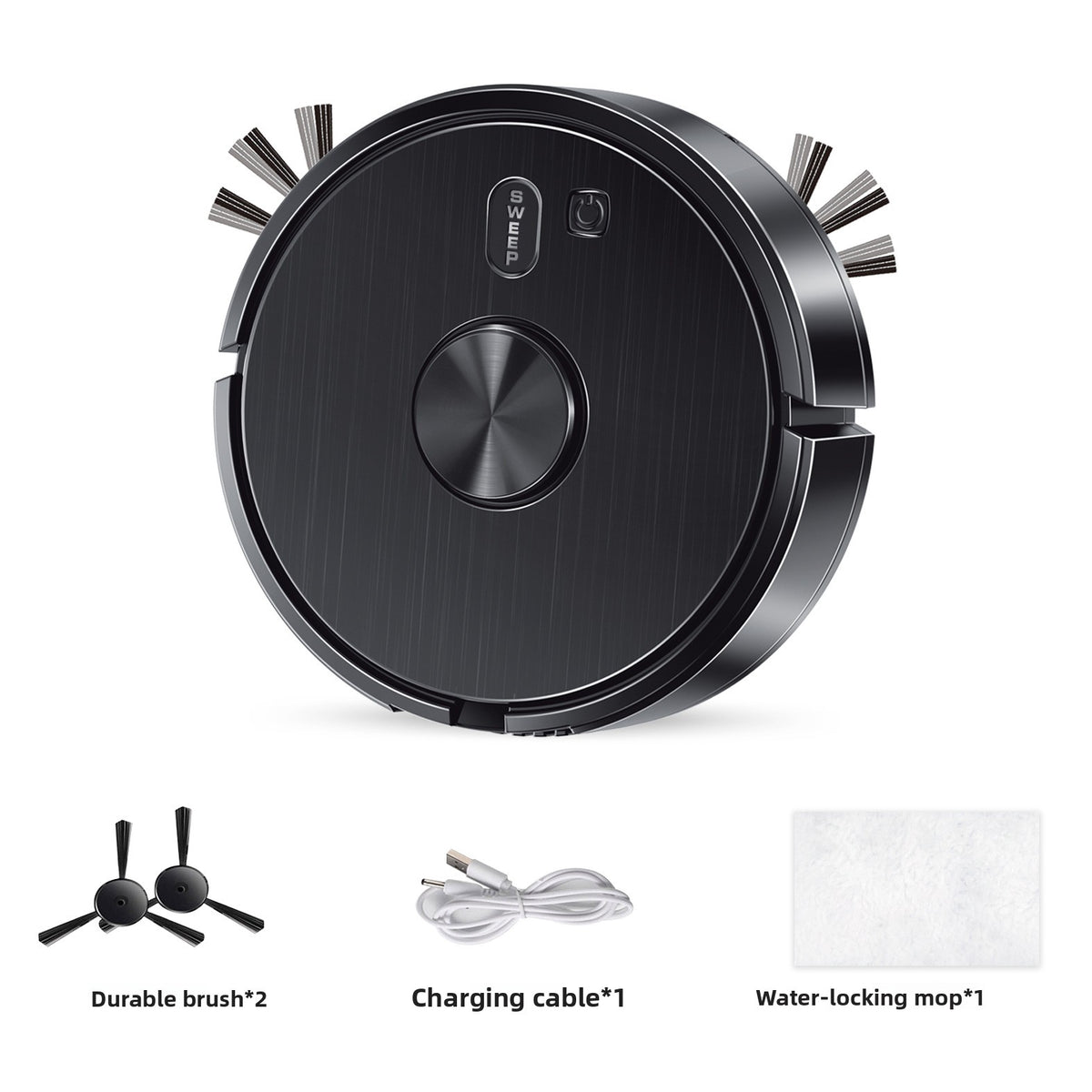 Black robotic floor sweeper top view with sweep and power buttons and side brushes