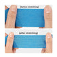 Two panels showing a blue tape strip before and after it is stretched by hand