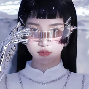 Frameless futuristic sunglasses with tinted clear one-piece lens on model face