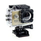 White action camera in a clear waterproof housing with the latch closed