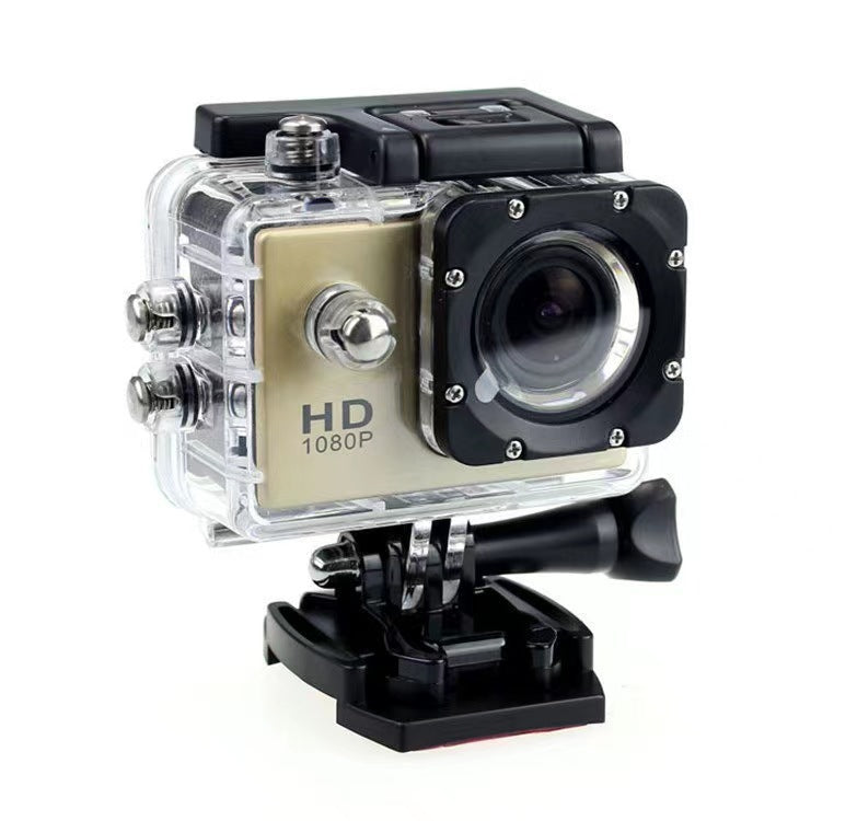 White action camera in a clear waterproof housing with the latch closed