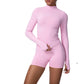Fitted ribbed seamless zip jacket with a stand collar shown on a female model