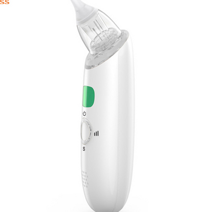 White handheld electric baby nasal aspirator with green display and transparent nozzle on white