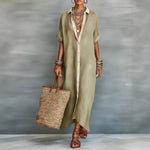 Cotton-linen color block dress front view showing two-tone panels and waistline